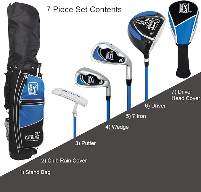 PGA Tour Youth Golf Club Set for Ages 5-15+ (3’5”-5’10”), Right and Left-Handed Kids Golf Sets – Beginner Junior Golf Clubs with Lightweight Stand Bag, Mallet Putter, Hybrid, Driver