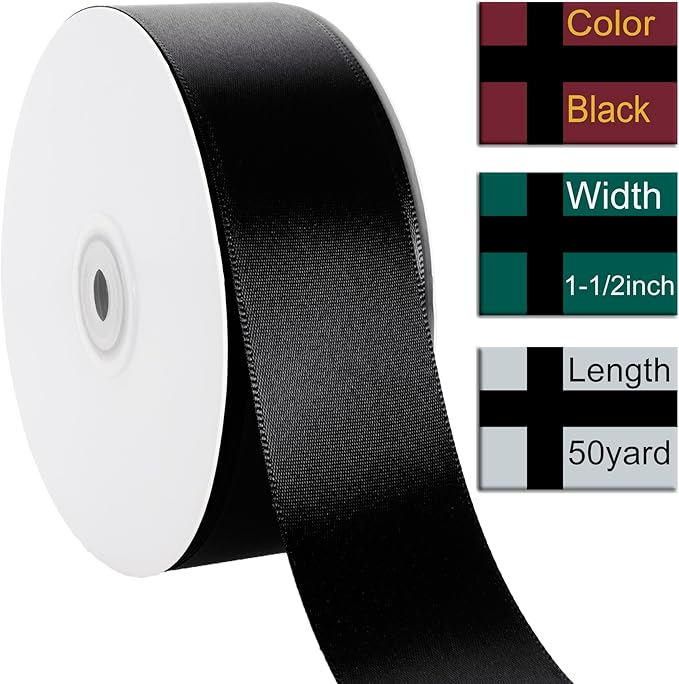 1-1/2 Inch Black Ribbon, 50 Yards Craft Polyester Satin Ribbon Perfect - Image 2