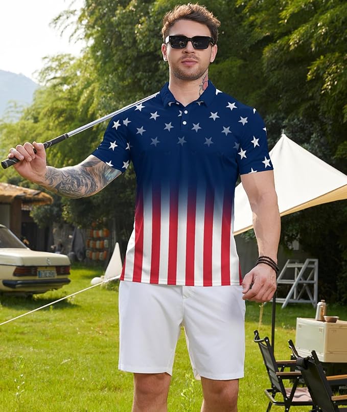 Golf Polo Shirts for Men Funny Print Short Sleeve Golf Shirts Performance Golf Polos