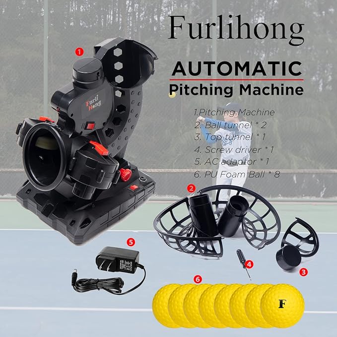 Furlihong Upgraded Electronic Baseball Pitching Machine, Adjustable Angles & Speed, AC Adapter or Battery Powered, Comes with 8 Dimpled Balls, for Batting and Fielding Practice of Low Level