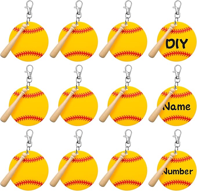 Cunno 36 Pcs Basketball Baseball Softball Tennis Acrylic Keychain Blank Kit 12 Acrylic Keyring 12 Swivel Snap Hook Keychain(Yellow Baseball, 3 Inch)