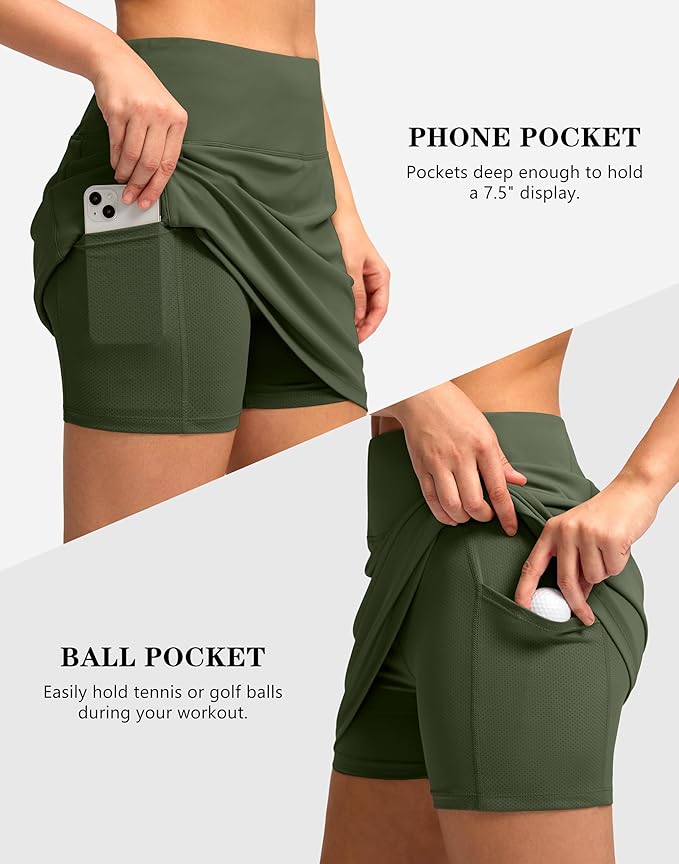 Women's Golf Skirts Skort 4 Side Pockets High Waisted Stretchy Tennis Skirt with Short Athletic Casual