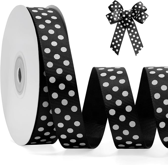 Polka Dot Grosgrain Ribbon 3/4 Inch, 25 Yards Spool Black and White Dot Craft by FAKILO