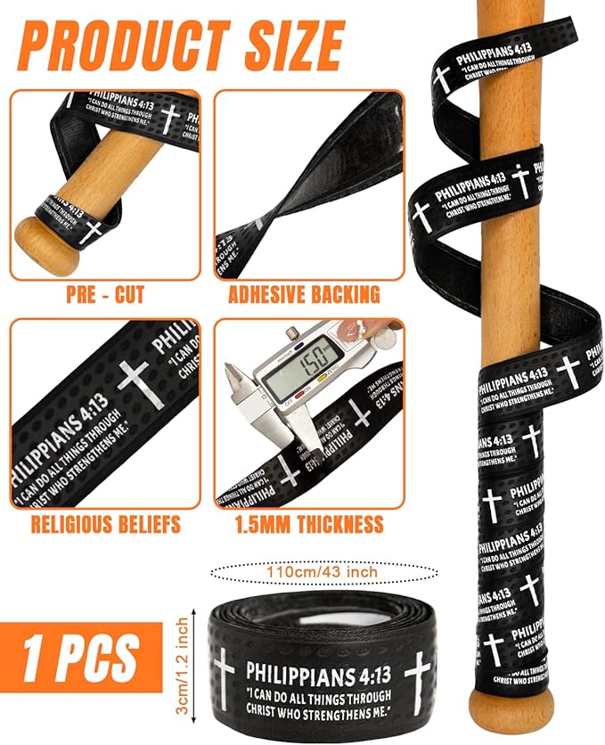 Piemow Baseball Bat Grip Tapes, Faith Cross Bat Grip Tape, 1.5mm Precut and Full Adhesive Baseball Wrist Tape, Scripture Designs Non-Slip Religious Baseball Grip Tapes for Sports