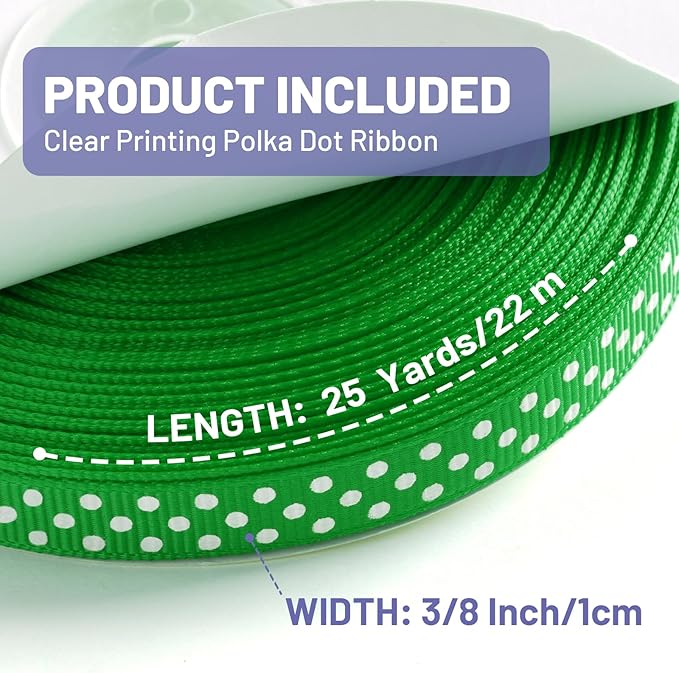 Polka Dot Grosgrain Ribbon 3/8 Inch, 25 Yards Spool Green and White Polka Dot - Image 2
