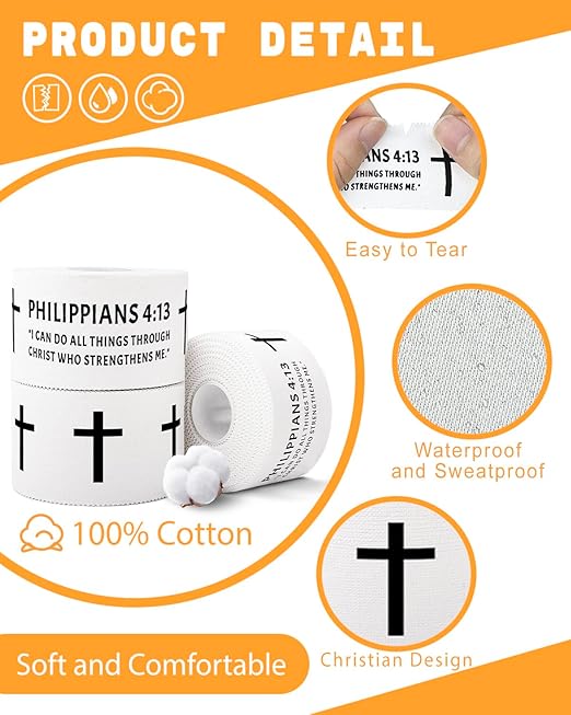 Yigney 4 Pack Christian Athletic Tapes Religious Sport Tape Bible Verse Wrist Tape Cross White Tape for Sports Gymnastics Tennis 1.5IN X 23FT