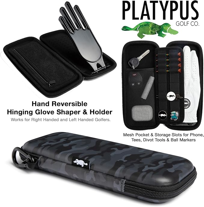 Platypus Golf Co. Golfing Caddie EVA Travel Case Organizer with Bamboo Tees & Ball Marker - Hand Reversible Hinging Glove Shaper & Holder, Mesh Pocket & Storage Slots, Golfers Cases for Men & Women