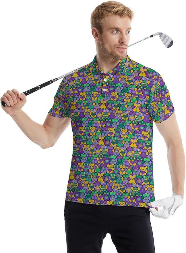HUURAY Funny Golf Polos for Men Funny Print Short Sleeve Shirts Quick Dry Polo Shirts Hawaiian Shirt Performance Golf Outfits