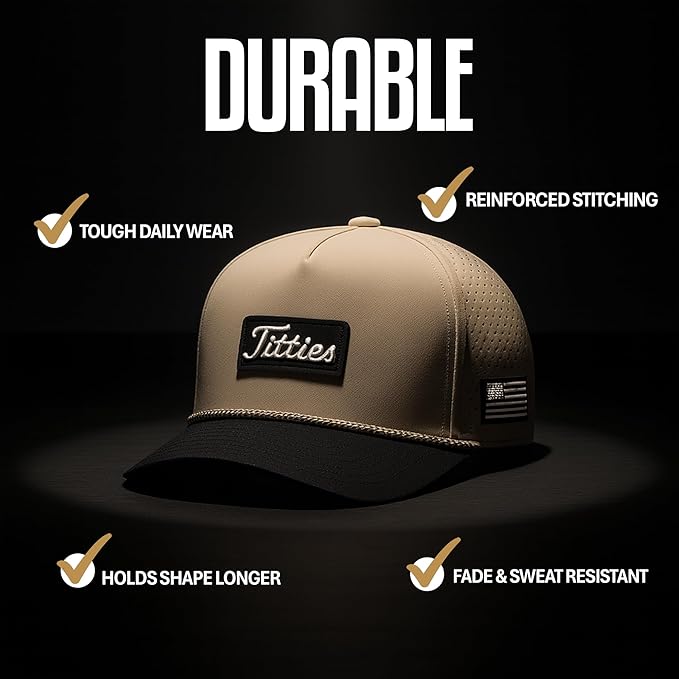 Curves & Clubs Titties Golf Hat – Tan Funny Golf Hat for Men, American Flag Patch, Adjustable Snapback, Breathable Mesh, One Size Fits All