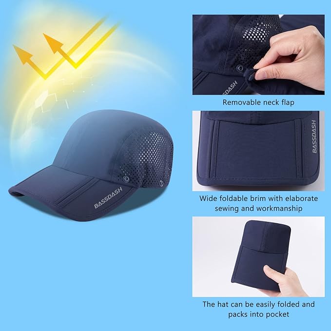 BASSDASH UPF 50+ Foldable Fishing Hat Baseball Cap with Removable Neck Flap Portable for Men Women Golf Hiking