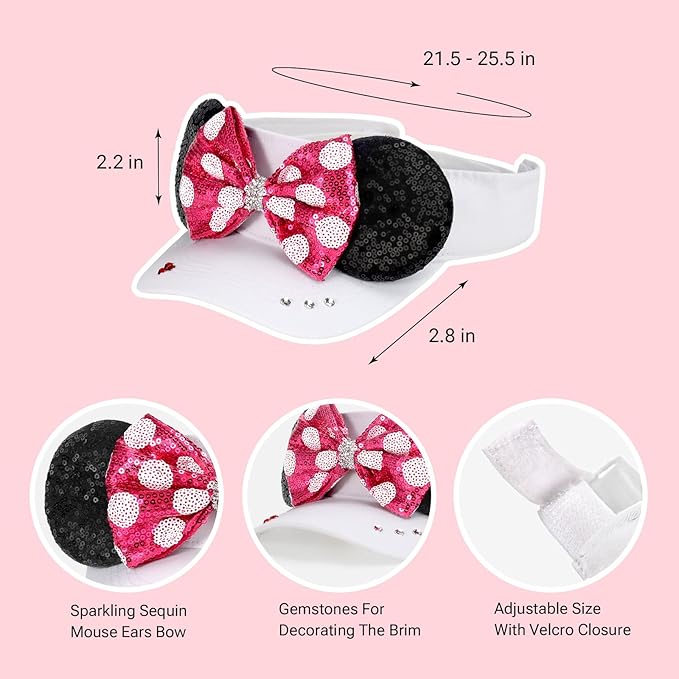 Adult Size Mouse Ears Visors for Women, Adjustable Sun Visor Hat Baseball Cap with Sequin Mouse Ears Bow for Theme Park Decor