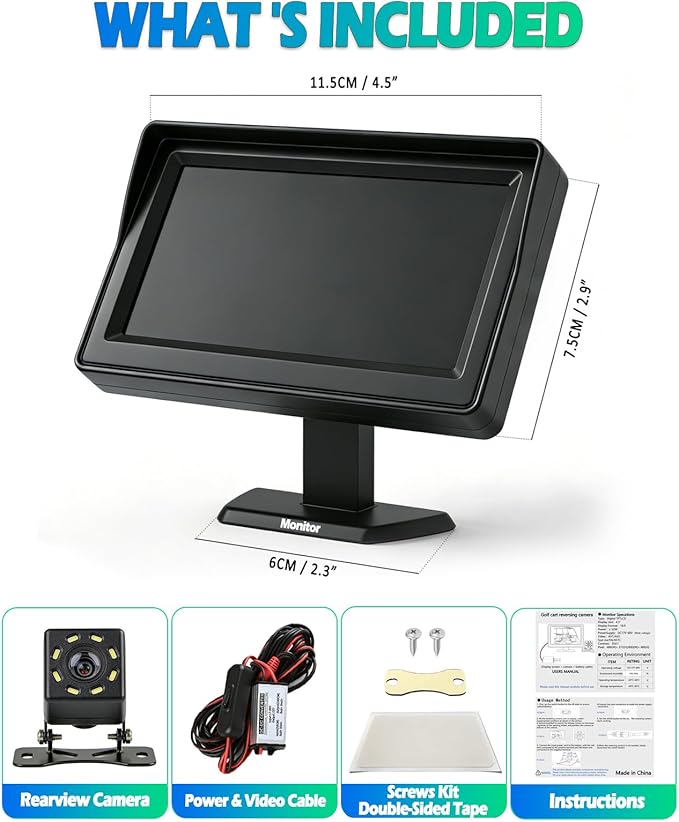 Golf Cart Backup Camera, Waterproof Golf Cart Accessories with 4.3" 16:9 Monitor for Club Car EZGO Yamaha UTV, Direct 17-60V Battery Hookup, No-Drill Installation Golf Cart Rear View Reverse Camera