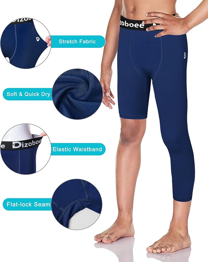 Youth Boys Compression Pants One Leg 3/4 Athletic Leggings for Sports Kids Basketball Tights Football Baseball Pants