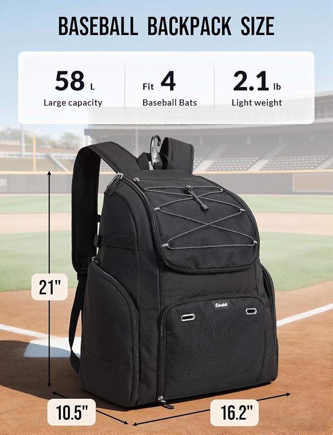 Baseball Backpack for Adult Large Capacity Softball Bat Bag with Shoe Compartment & Wet Pocket Baseball Bag with Fence Hook for 4 Bats & Equipment