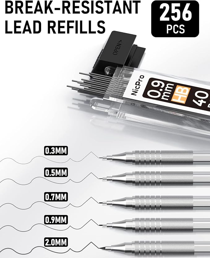 Nicpro Metal Mechanical Pencil Set, 0.9 mm & 2mm Graphite Lead Holder - Image 5