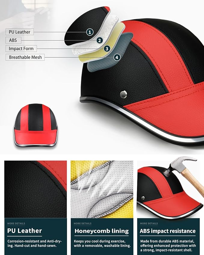 Adult Baseball Cap Helmet - Urban Style for Golf, Low Profile Urban Commute PU Retro Leather Hat for Men & Women