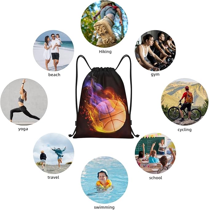Kids Drawstring Bag with Fire Basketball for Boys, Sports Drawstring Backpack for Teens Boys Girls Adults Women Men, Black Daypack Bag for Work Gym Swim Travel Hiking School, Medium