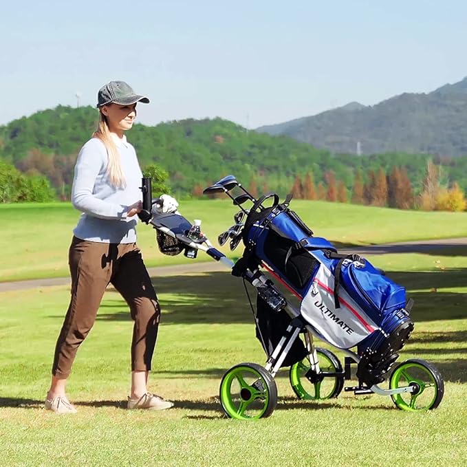 Tangkula Golf Push Pull Cart with Seat, Lightweight Folding 3 Wheels Trolley W/Storage Bag, Foot Brake, Adjustable Umbrella Holder & Seat, 4 Height Position Handle (Green)