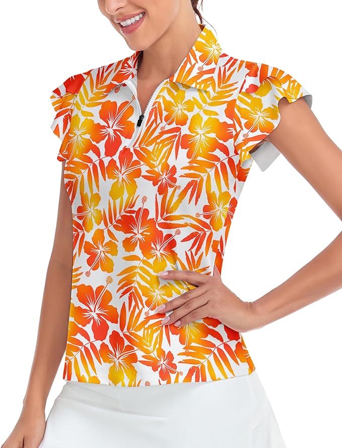 Soneven Womens Petal Sleeve Golf Shirts Moisture Wicking Lady Golf Apparel Print Tennis Sport T Shirt