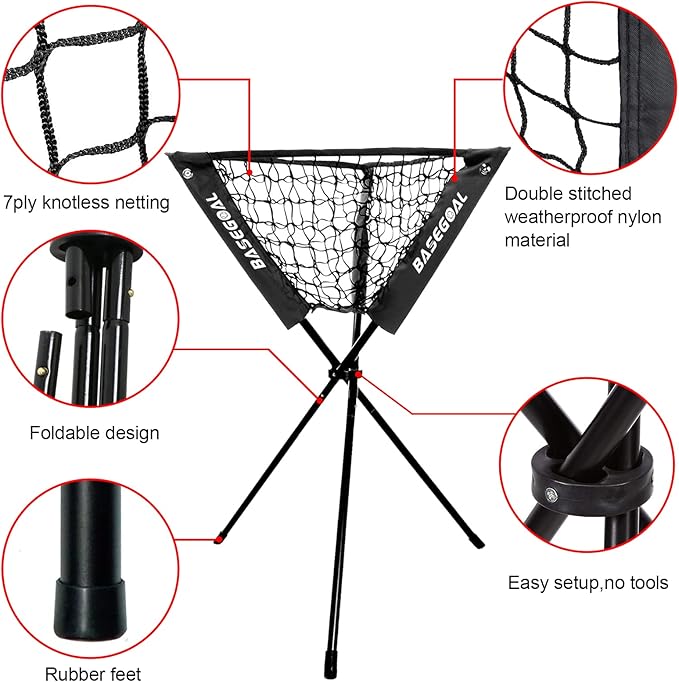 BaseGoal 6'×6' Baseball Softball Practice Net,Baseball Backstop,with Batting Tee,Ball Caddy,for Hitting Pitching Batting Catching with Bow Frame,Bonus Strike Zone,Target,Portable and Foldable
