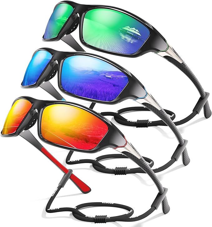 3 Pack Polarized Sports Sunglasses for Men, Mens Sunglasses Wrap Around UV Protection for Cycling Fishing Driving