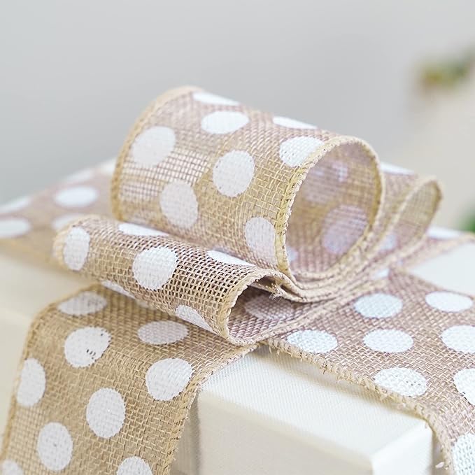 MEEDEE Burlap Ribbon with White Polka Dots - Image 3