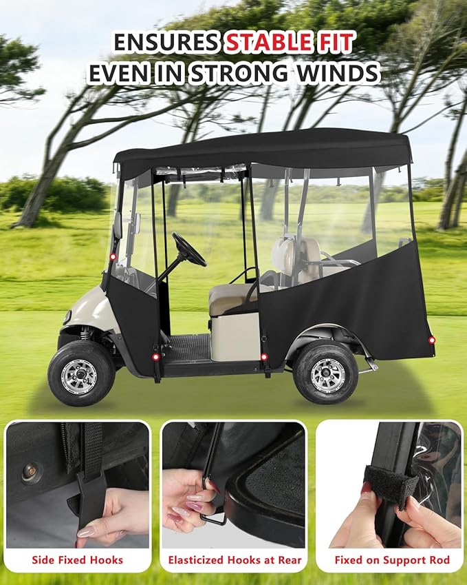 Golf Cart Enclosures 4 Passenger 80“ Extended Roof for Ezgo RXV,600D Clear Rain Cover Driving Enclosure 4 Seater,Full Roll Up 4 Sided Transparent Windows&Door Heavy Duty Zipper,Side Mirrors Openings