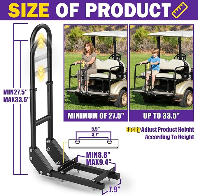 Golf Cart Rear Seat Grab Bar for Yamaha Club Car EZGO, Universal Golf Cart Safety Seat Round Pipe Handle Rail 27"-34" Adjustable Height for TXT DS, Golf Cart Accessories Heavy Duty Thicken Clamps