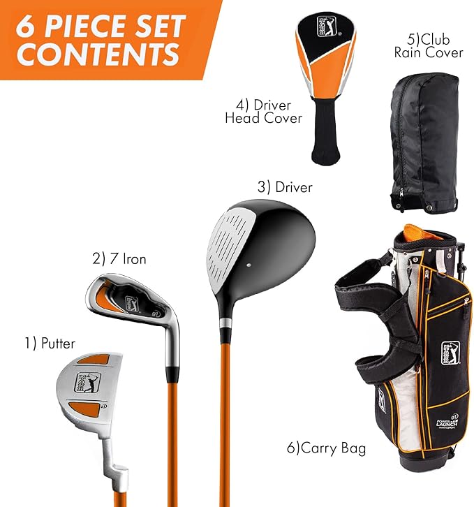 PGA Tour Youth Golf Club Set for Ages 5-15+ (3’5”-5’10”), Right and Left-Handed Kids Golf Sets – Beginner Junior Golf Clubs with Lightweight Stand Bag, Mallet Putter, Hybrid, Driver
