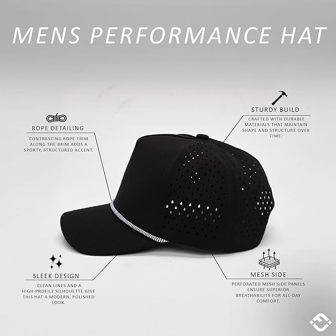 Funky Junque Performance Waterproof Golf Rope Hat – Cool Breathable Workout 5 Panel Snapback Cap for Men