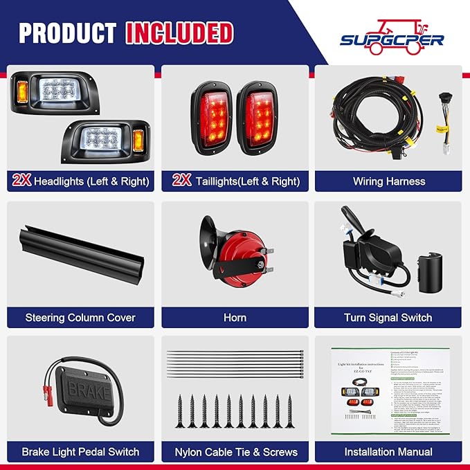 12V Deluxe Club Car DS LED Light Kit, for 1993-UP DS Gas&Electric, Golf Cart Headlight Taillight Kit with Wire Harness Turn Signal Kit Horn Brake Pad, Golf Cart Street Legal Light Kit