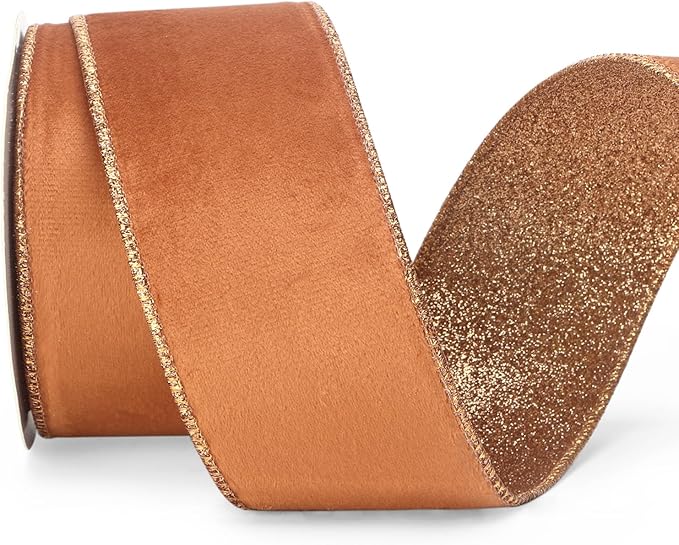 Ribbli Burnt Orange Velvet Wired Ribbon 2.5 Inch Copper Velvet by Ribbli