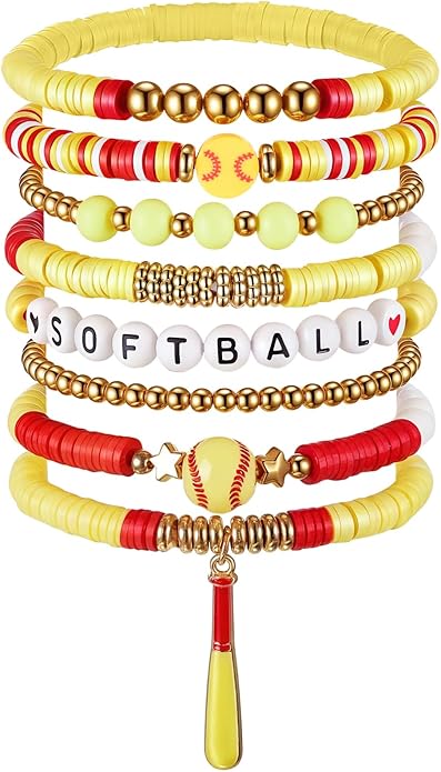 Huquary 8 Pack Sports Bracelets for Women Mom Soccer Baseball Football Volleyball Basketball Stackable Heishi Clay Beaded Bracelet Accessories Fan Outfits Jewelry Gifts for Sports Party Favor