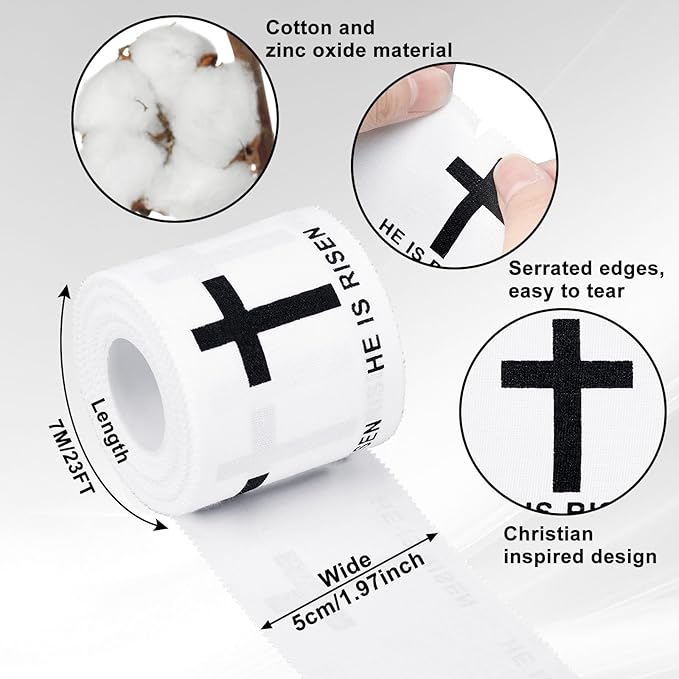 MiniInflat 2 Pcs Christian Cross Athletic Tape Sports Tape 2in x 23ft Religion Jesus Wrist Wrap for Soccer Football Baseball, Gift for Graduation Teacher Nurses Week Pentecost(White,He is Rise)