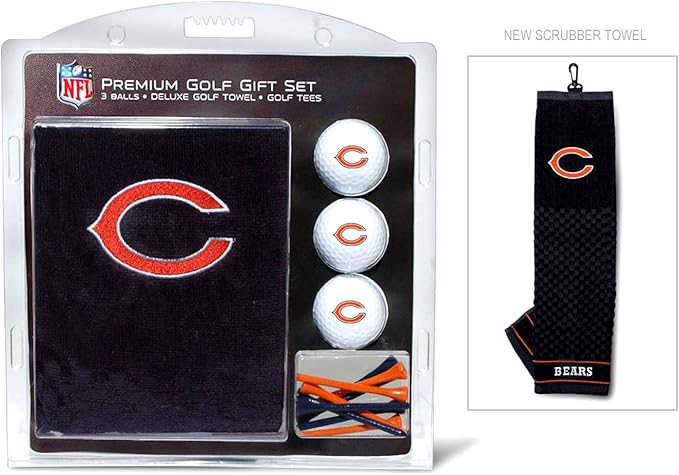 Team Golf NFL Chicago Bears Gift Set: Embroidered Golf Towel, 3 Golf Balls, and 14 Golf Tees 2-3/4" Regulation, Tri-Fold Towel 16" x 22" & 100% Cotton