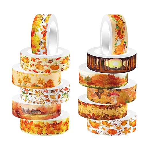 12 Rolls Autumn Washi Tape Set, Fall Maple Leaves Pumpkin Sunflower by Unknown