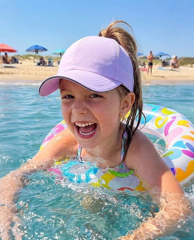 Little Girls Reflective Baseball Cap Criss Cross Ponytail Hat Kids Quick Dry Mesh Summer Sports Hat for Toddler Ages 3-8