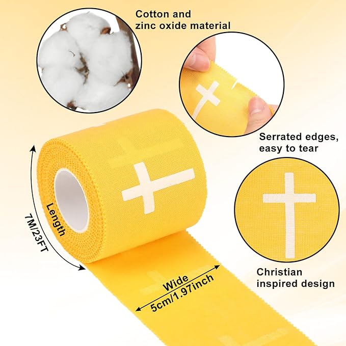 MiniInflat 2 Pcs Christian Cross Athletic Tape Sports Tape 2in x 23ft Religion Jesus Wrist Wrap for Soccer Football Baseball, Gift for Graduation Teacher Nurses Week Pentecost(Yellow,Crosses)