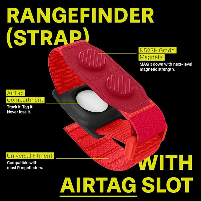 MAG-iT Magnetic Golf Range Finder Strap Designed for AirTag (1st & 2nd Gen) – GPS Tracker Holder Compatible with Find My App – Magnetic Mount for Golf Cart – Neon Red