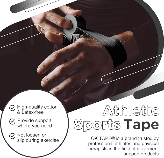 OK TAPE Athletic Sports Tape（4 Packs) Black- 32.8ft Per Roll Athletic Tape for Injuries,Strong Stick No Residue Athlete & Sport Trainers First Aid Injury Wrap, Hockey Stick