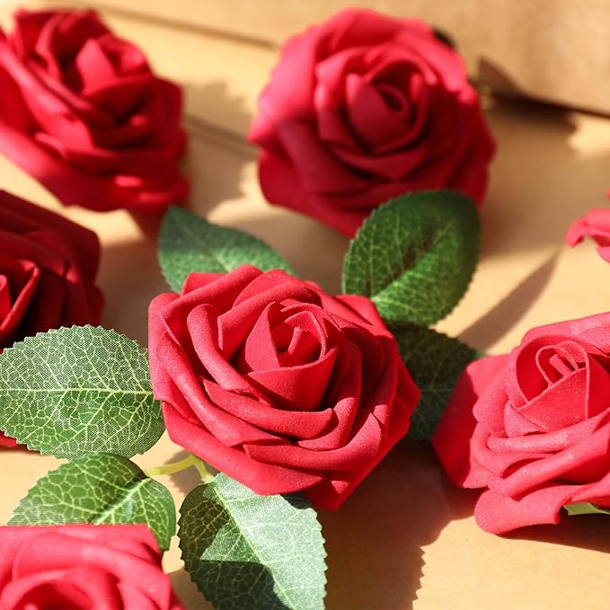 AmyHomie Artificial Flowers Dark Red Rose 100pcs Real Looking Fake Roses w/Stem - Image 6