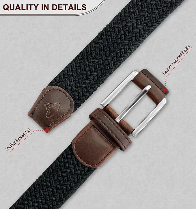 BULLIANT Belt for Men 2Pack,Mens Gift Stretch Braided Web Belt Elastic for Casual Golf Jeans,1 3/8"