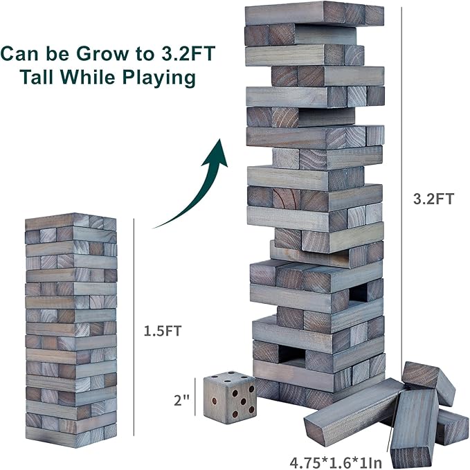 ApudArmis 54 PCS Tumble Timber Set Up to 3.2FT, Pine Wooden Tumble Tower Game - Image 3