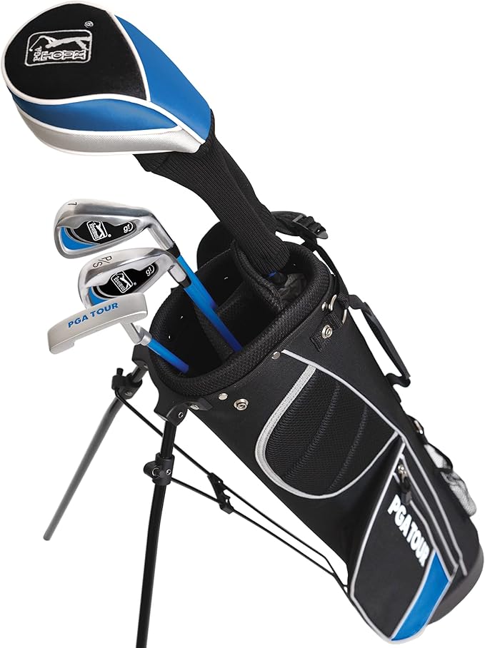 PGA Tour Youth Golf Club Set for Ages 5-15+ (3’5”-5’10”), Right and Left-Handed Kids Golf Sets – Beginner Junior Golf Clubs with Lightweight Stand Bag, Mallet Putter, Hybrid, Driver