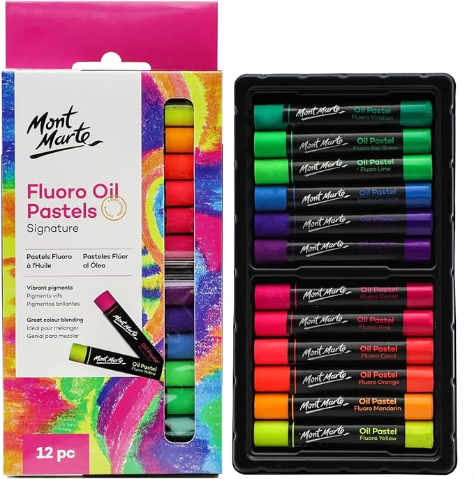 Mont Marte Fluoro Oil Pastels Signature 12pc, 12 Assorted Colors, Vibrant Oil by MontMarte