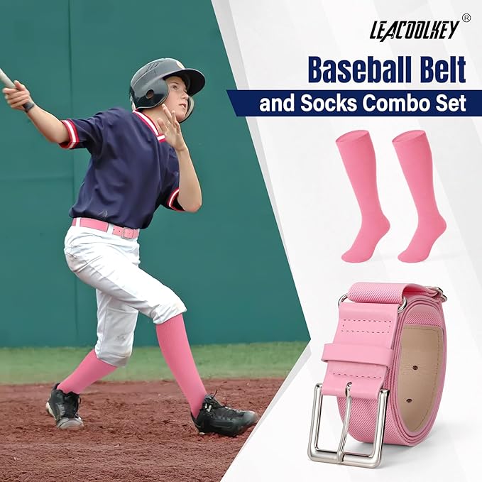 LEACOOLKEY Baseball Belt and Socks Combo Set Adjustable Softball Socks and Elastic Belt for Youth and Adult