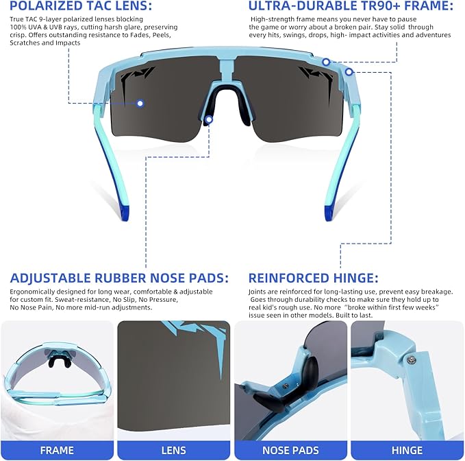 2-Sizes Kids Youth Baseball Sunglasses Men Women Vipers Sunglasses Softball Boys Girl True Polarization &UV Protection