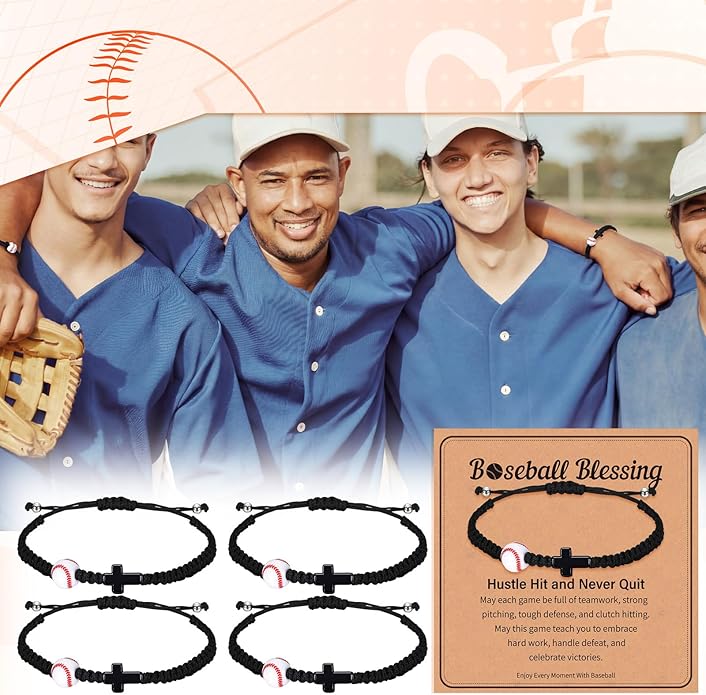 Tondiamo 12 Set Christian Cross Balls Bracelets Gifts Adjustable Baseball Volleyball Softball Woven Jewelry Charm Bracelets with Inspirational Cards for Team Gifts Sports Lover