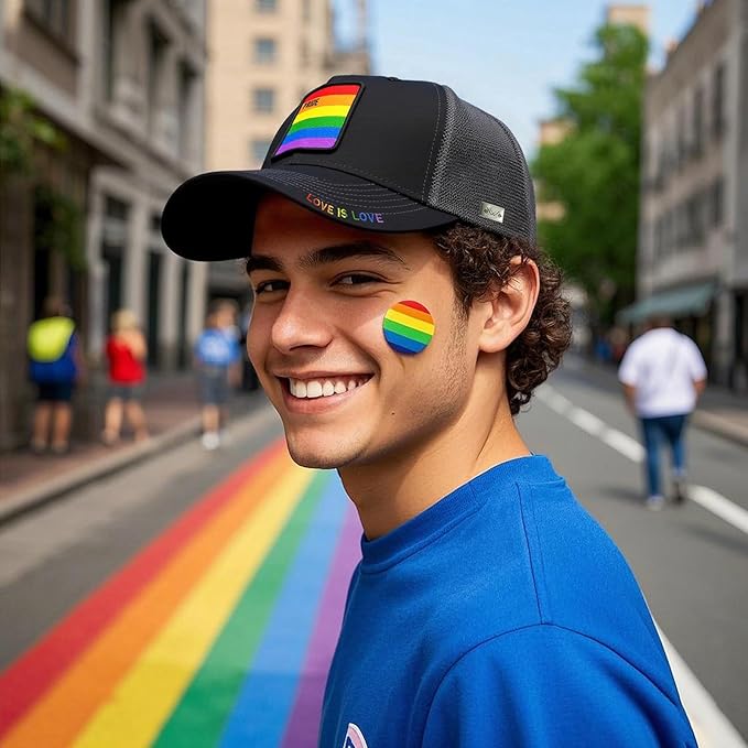 Unisex Pride Trucker Hat, LGBT Rainbow Stripes Embroidered Baseball Cap, Adjustable Snapback Mesh Hat for Men Women