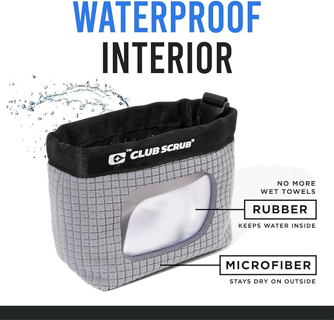 Club Scrub Golf Club and Golf Ball Cleaning Bag, Waterproof Clean Face Technology Liner, Detachable Clip, Machine Washable, Cleans Club Grooves, Dry Exterior (Neoprene or Microfiber Option Available)
